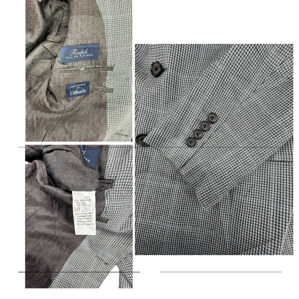 Ralph Lauren Sport‎ Jacket Mens 42L Wool Silk Cashmere Black Gray Micro Plaid